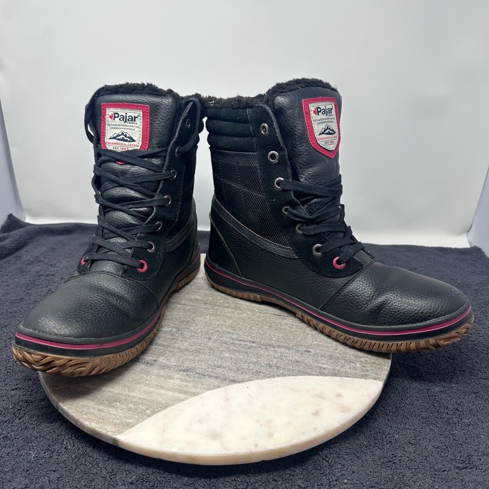 Pajar‎ Canada Women Black Leather Winter Boots Faux Wool Lined US 10-10.5